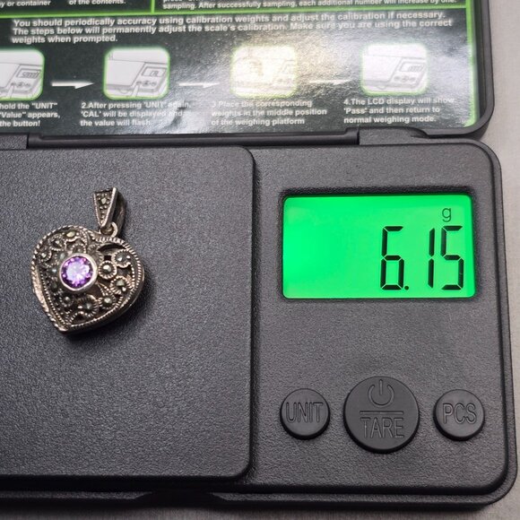 VTG Charles Winston Sterling Silver Amethyst Heart Locket Pendant 1" Signed CW - Picture 11 of 12